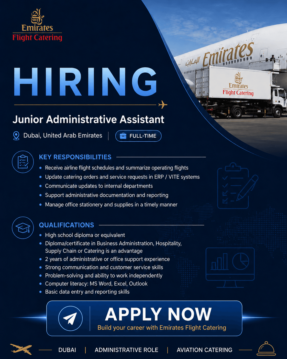 Junior Administrative Assistant Job in Dubai at Emirates Flight Catering – Full-Time Opportunity